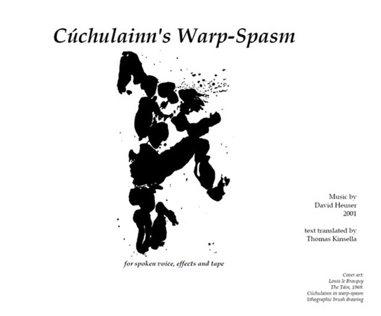 Cover art from Cuchulainn's Warp Spasm: a lithographic brush drawing by Louis le Brocquy, from the book The Tain, 1969. A black ink, non-realistic figure of a man jumping with limbs bending in odd ways and dots coming off his head.